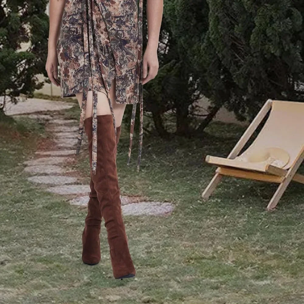 Women Faux Suede Brown Polyurethane Over The Knee Stiletto Heel Pointed Boots